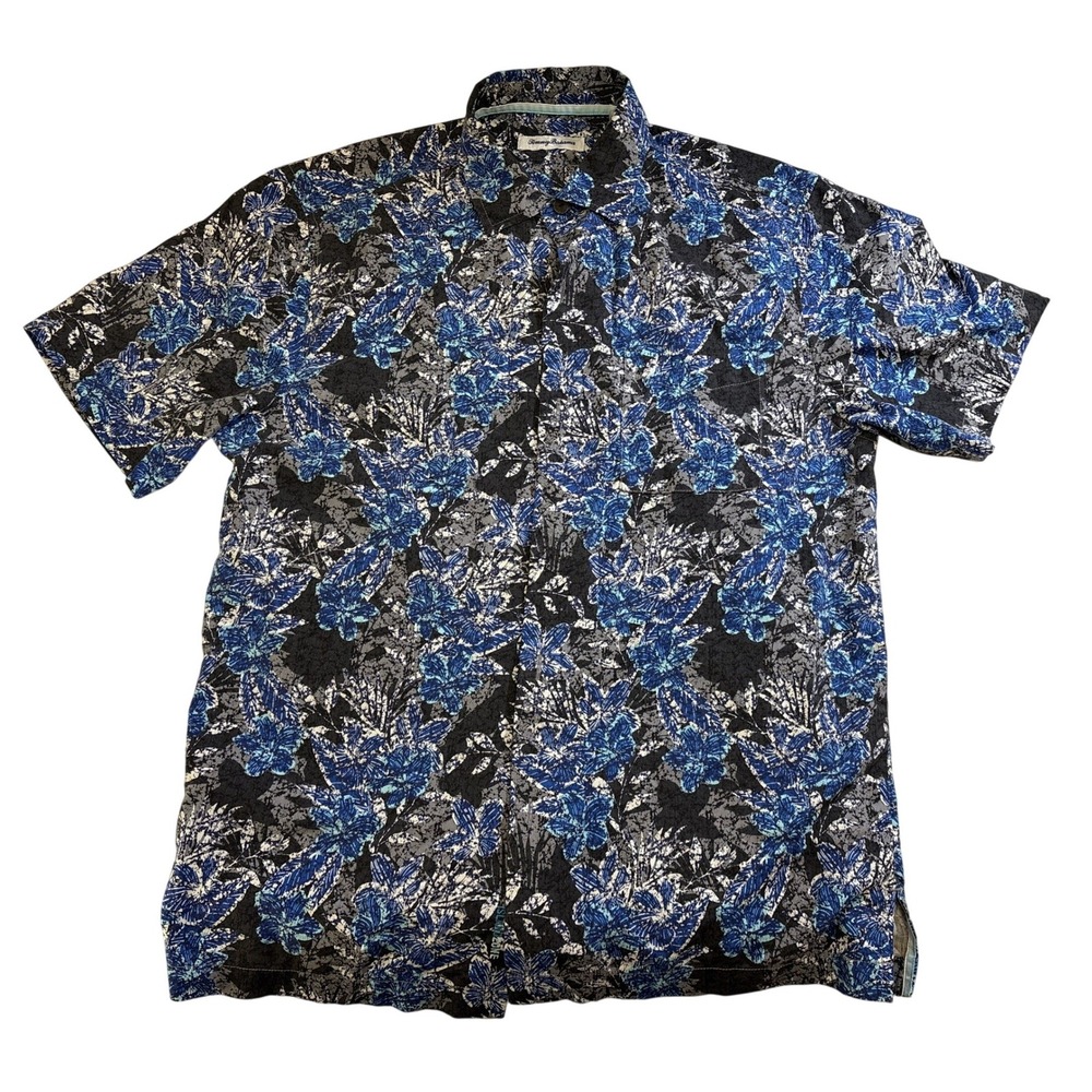Tommy Bahama Mens Silk Blend Floral Button Down Shirt Blue Grey Short Sleeve M